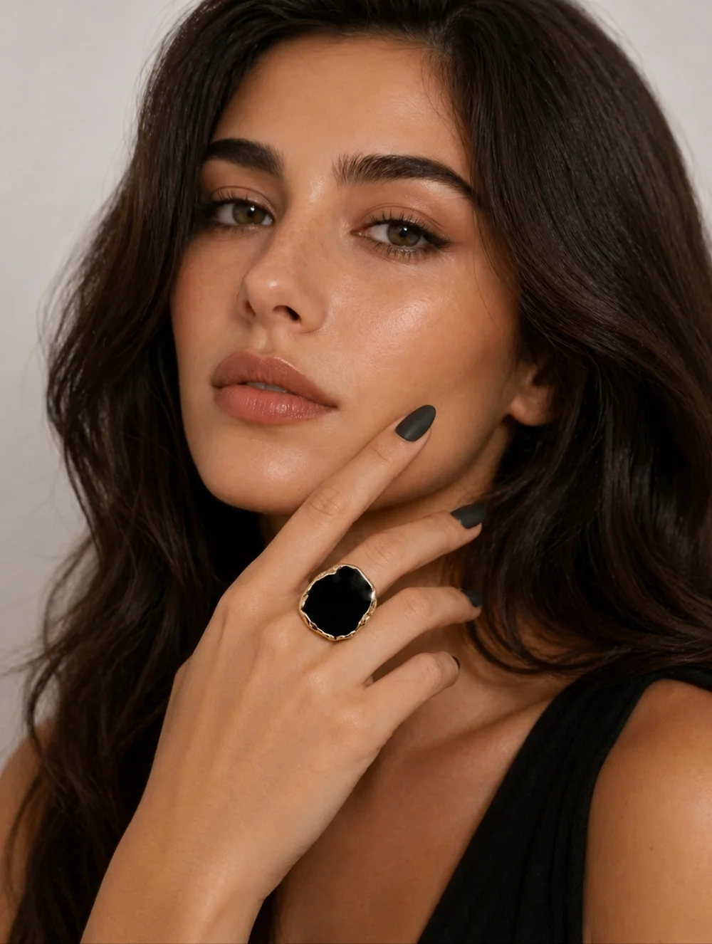 Gold Plated Unique Shaped Edge Black Drip Statement Ring